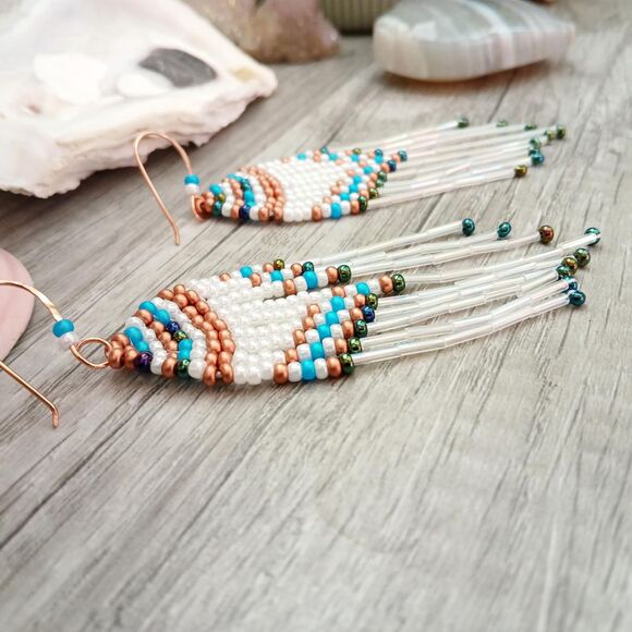 Boho Chic Seed Bead Dangle Earrings, Copper Jewelry, Statement Artisan 4" - Picture 3 of 6